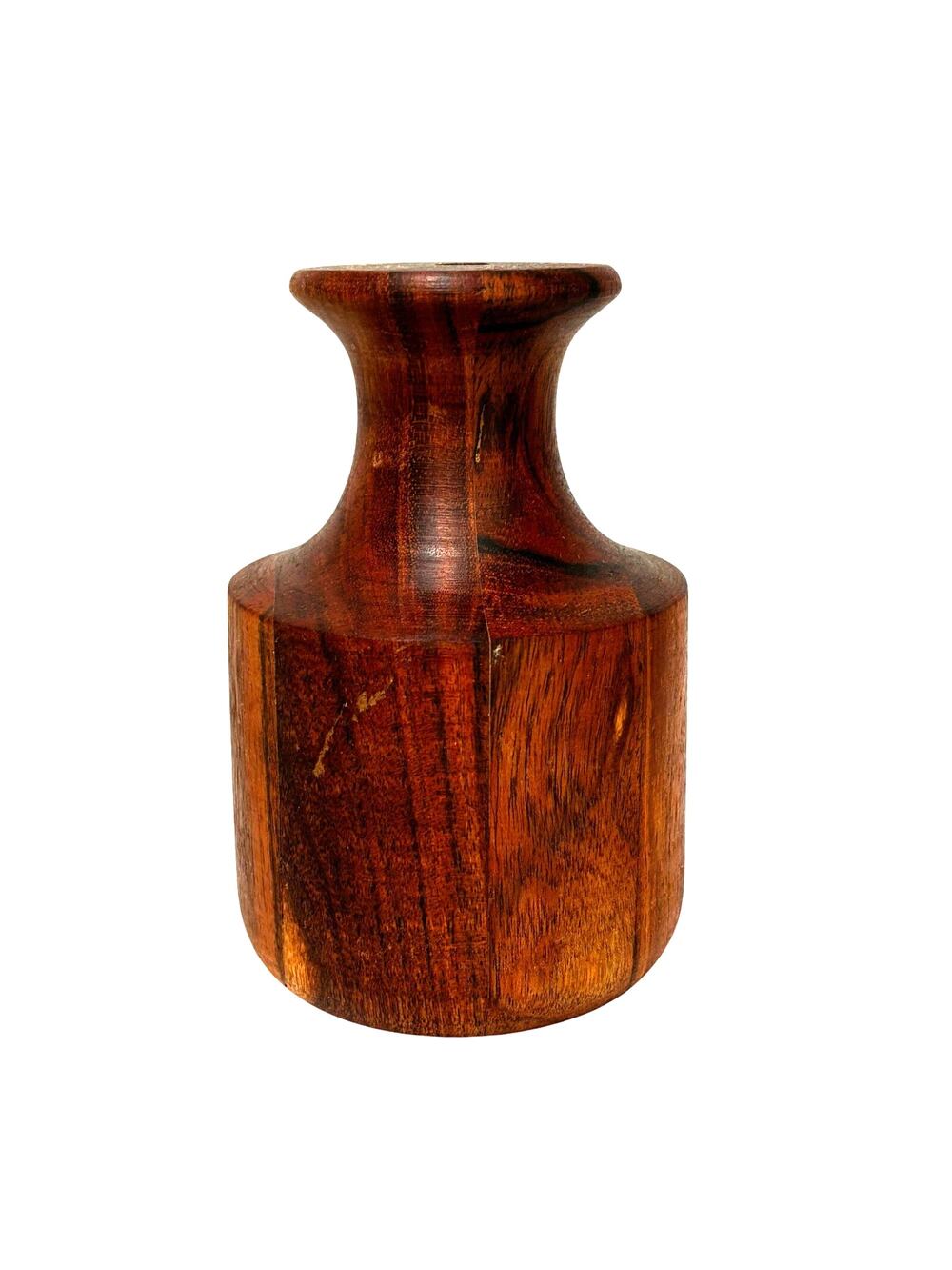Turned wood bud vase unsigned wooden rich brown grained 6" tall minimalist